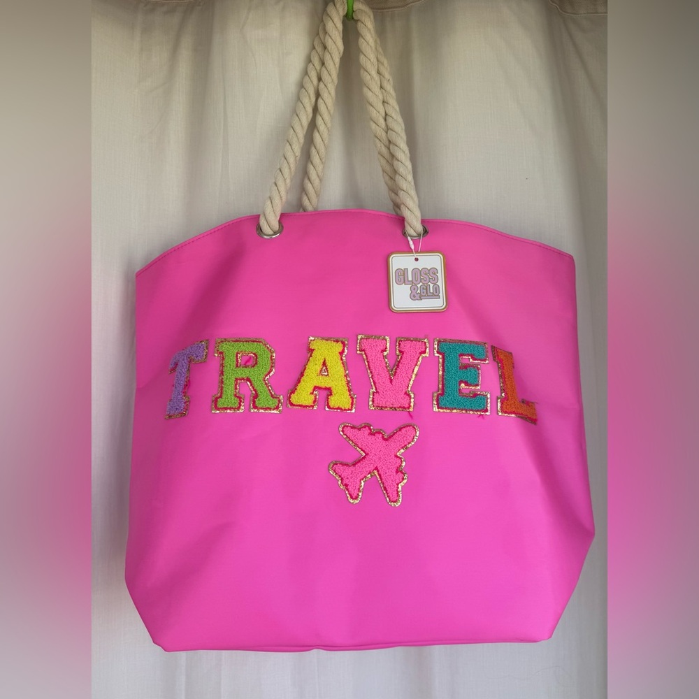 Channel effortless jet-set style statement tote, Hot Pink with iconic patches